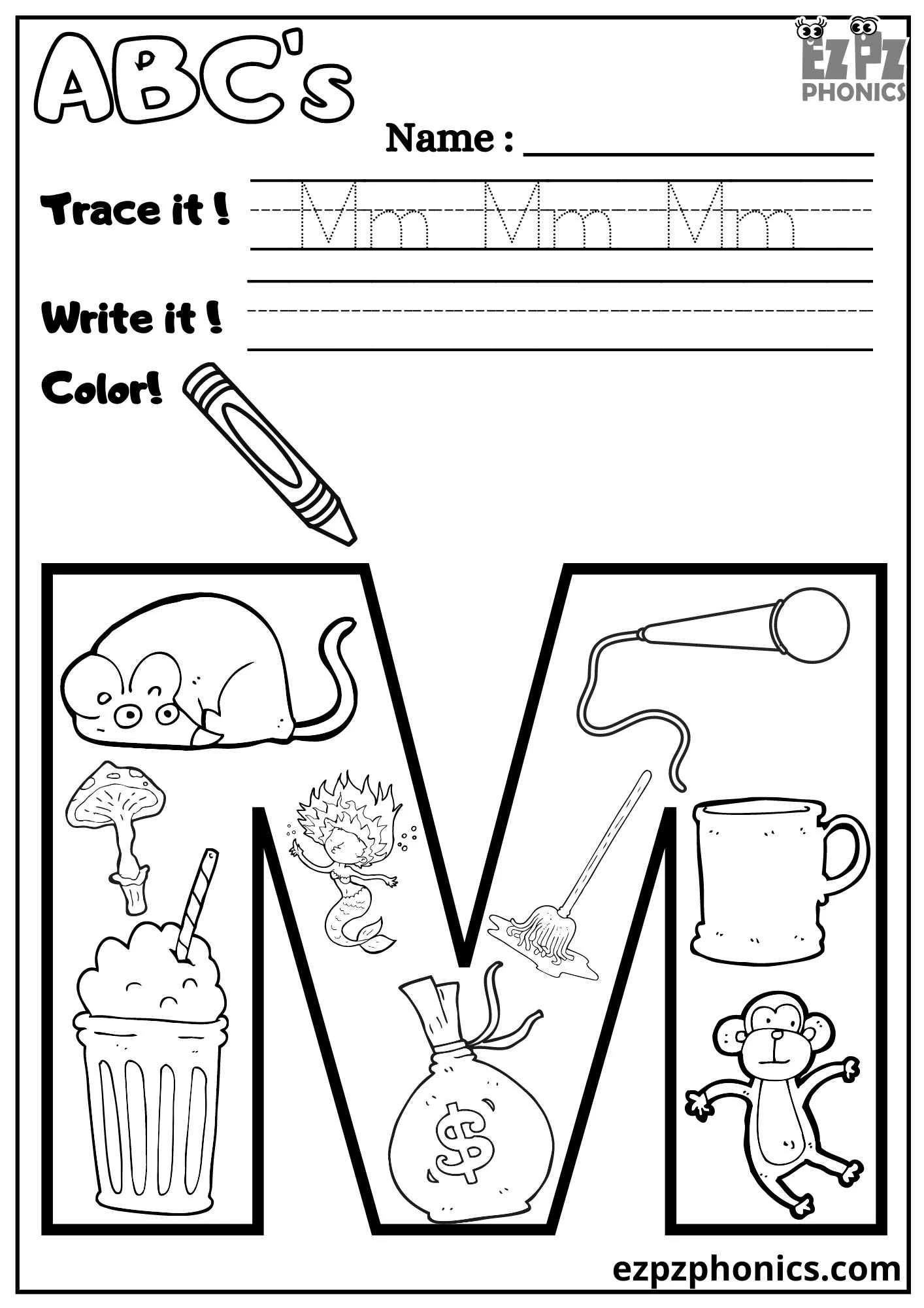 Letter M Trace, Write, and Color 